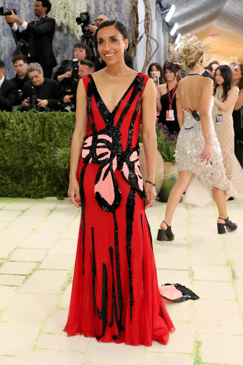 red · chiffon · A-line